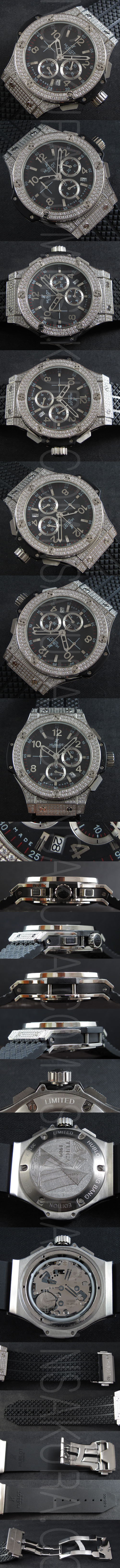 通販老舗HUBLOTビッグバン(黒文字盤　3時6時インダイヤル枠鏡面仕上げ　アラビア数字インデックス)