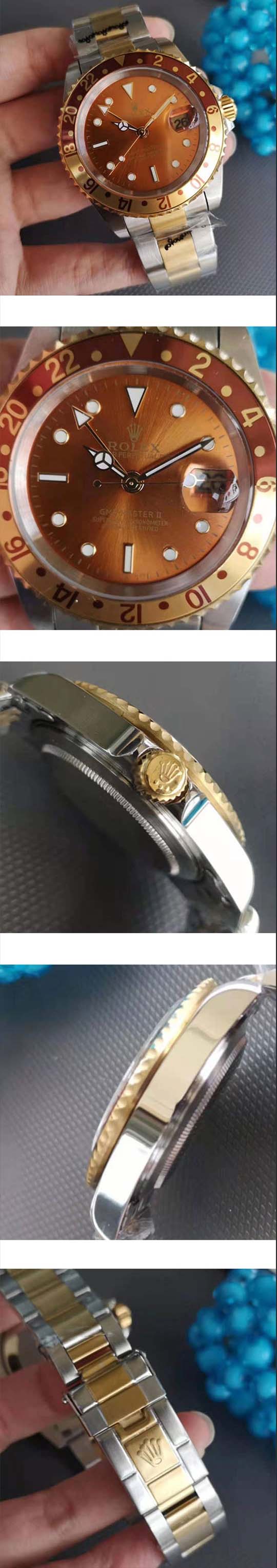 メンズ腕時計 ROLEXコピー GMTマスター2 ルートビア 16713 茶金ベゼル 2813改良ムーブ ブラウン カレンダー