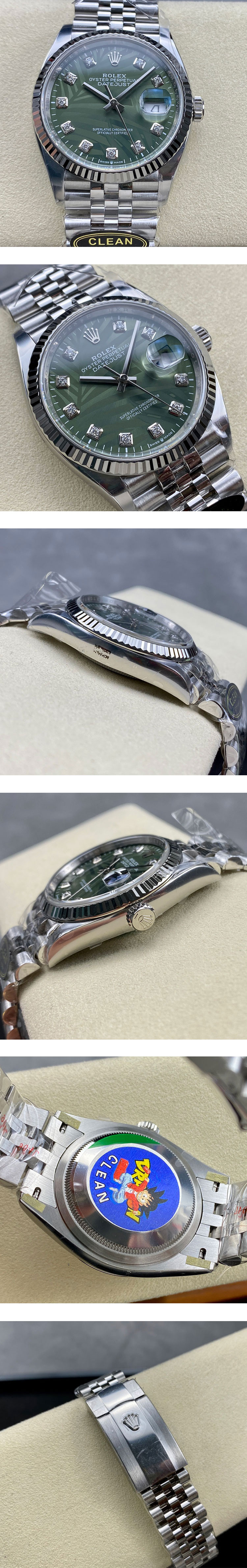 CLEAN製 ロレックススーパーコピー時計 デイトジャストM126234-0055 グリーンパーム 36mm 3235自動巻き