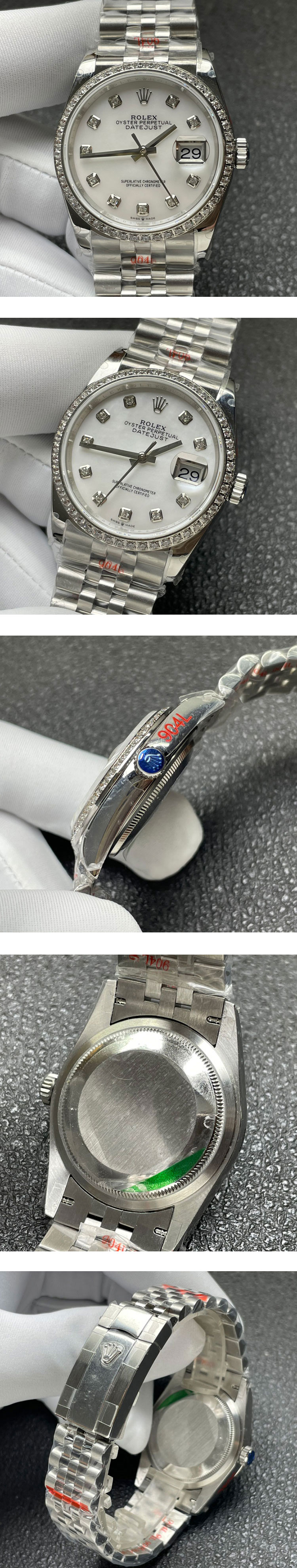 【長くご愛用できる品質】ロレックスコピー M126284RBR-0011 デイトジャスト 36mm ホワイトシェル 10Pダイヤ ベゼルダイヤ 904L