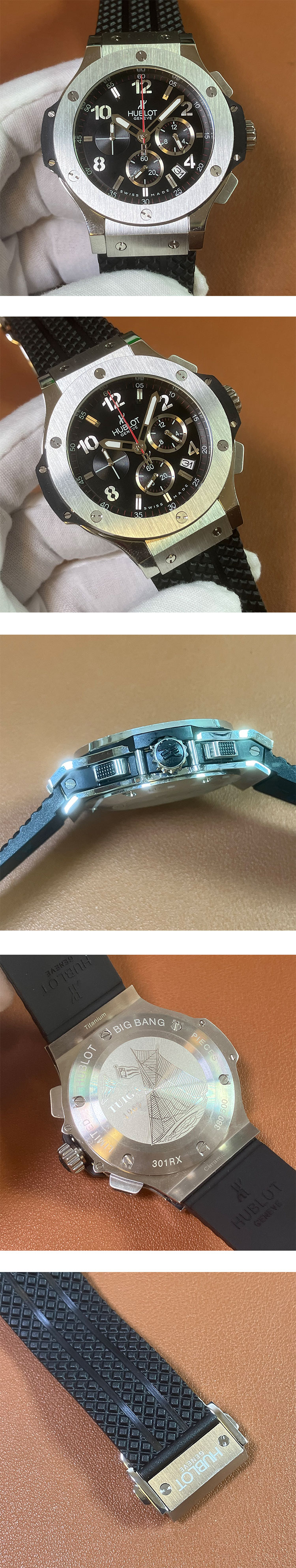 安心注文 HUBLOT  ビッグバン，クォーツムーブメント  クロノグラフ  日付表示  ラバーベルト  ブラック