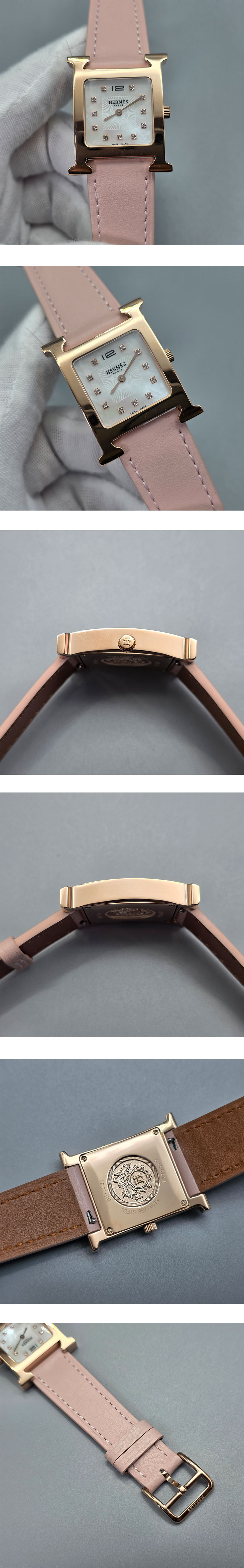 贈り物に最適 エルメス　アワー  Quartz movement ホワイトダイヤル 革ベルト ピンクゴールド