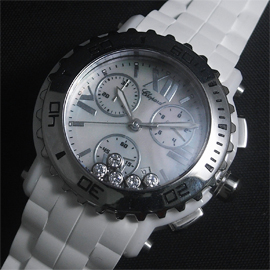 多機能腕時計ショパール ハッピー 電池式ムーブメント クロノグラフ ホワイト文字盤 革バンド